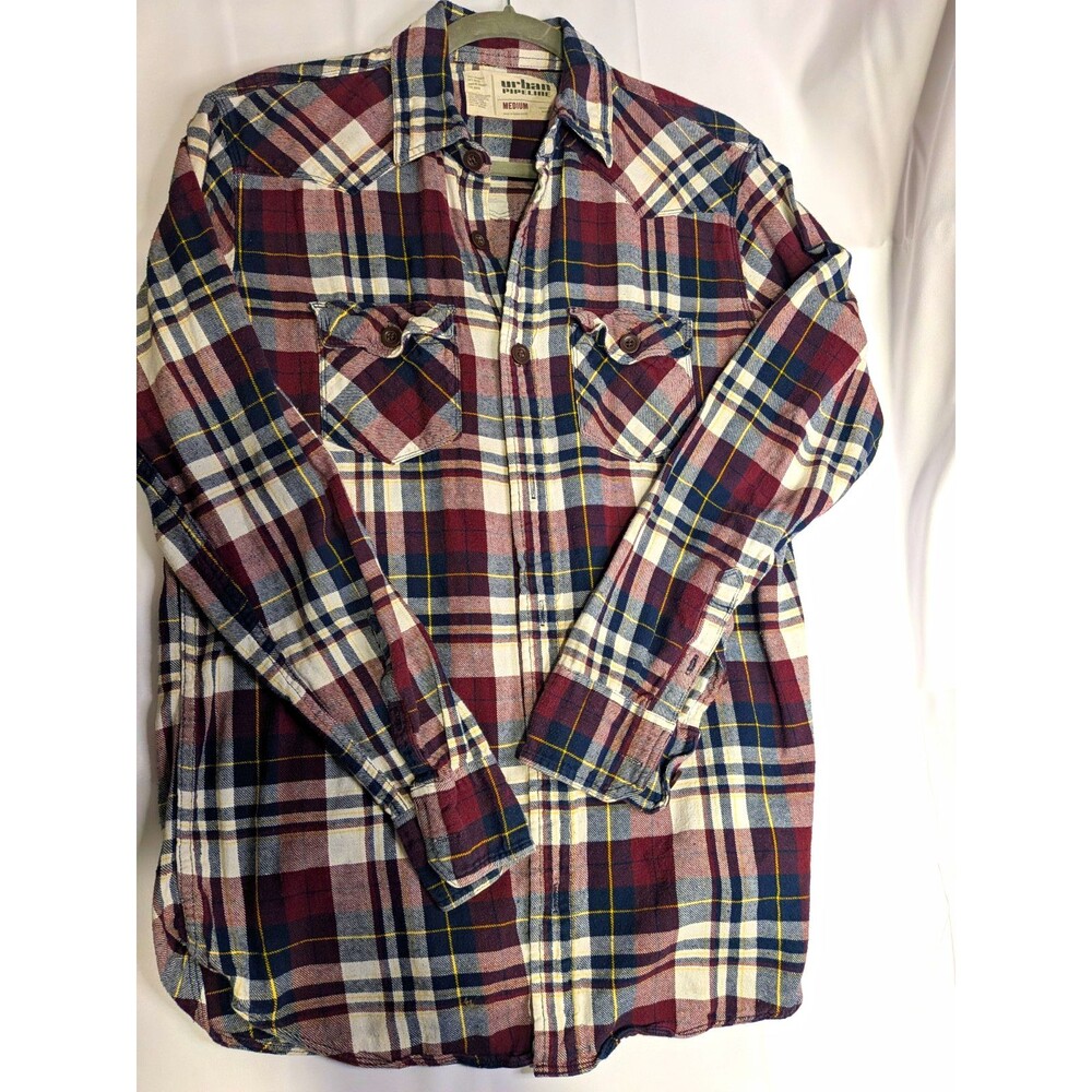 Urban Pipeline Men’s M Plaid Flannel Cotton Long Sleeve Button-Up Shirt Pockets